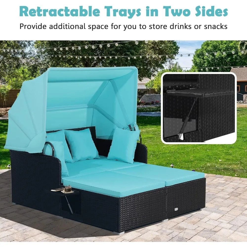 Patio Rattan Daybed with Retractable Canopy, Patiojoy Wicker Sun Lounger with 2 Foldable Side Panels, - Image 5
