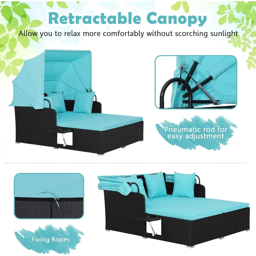 Patio Rattan Daybed with Retractable Canopy, Patiojoy Wicker Sun Lounger with 2 Foldable Side Panels, - Image 3