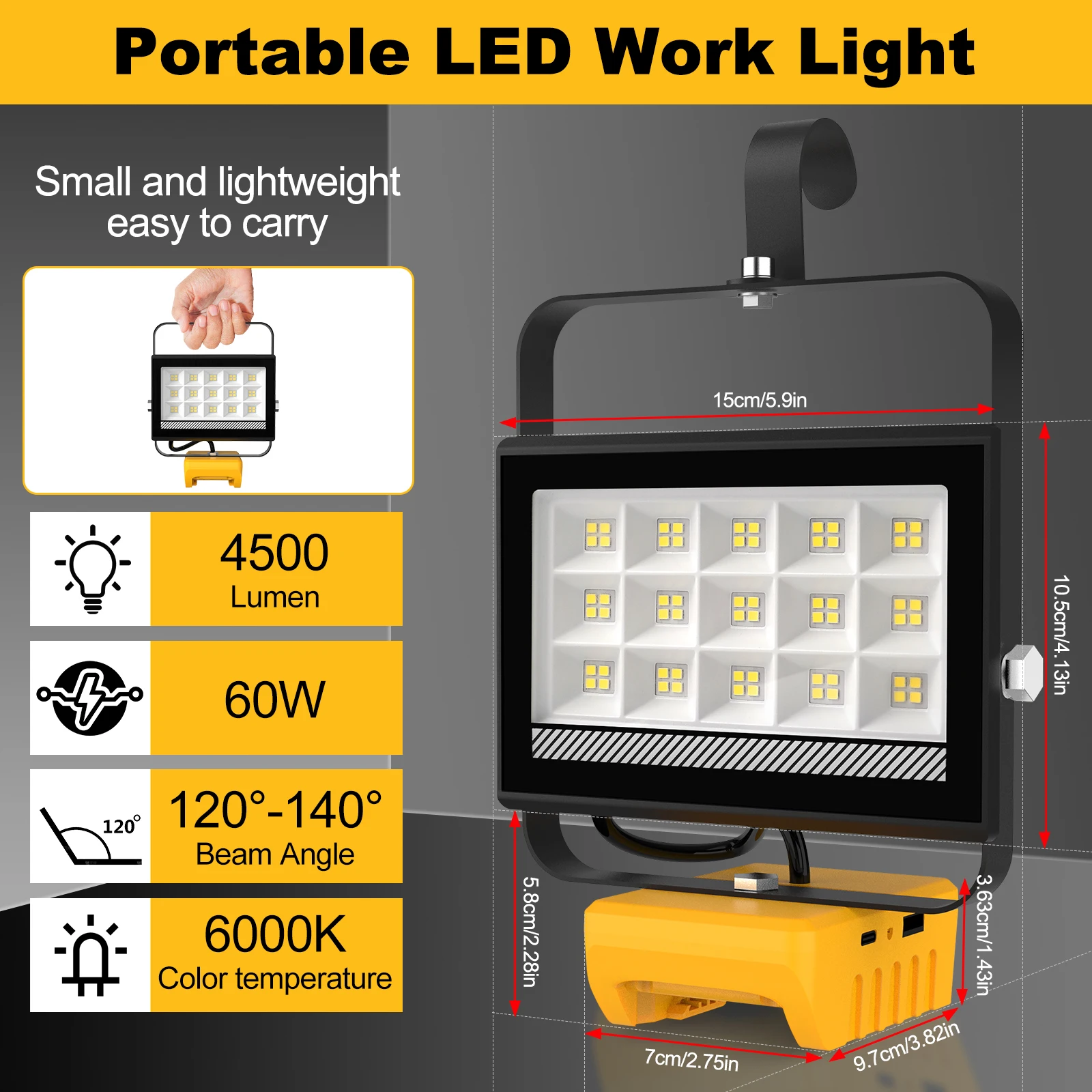 Portable 60W LED Work Light With Hook Handheld Emergency Tool Camping Light 6000LM 60LED Rechargeable LED Flood Light for DeWalt - Image 4
