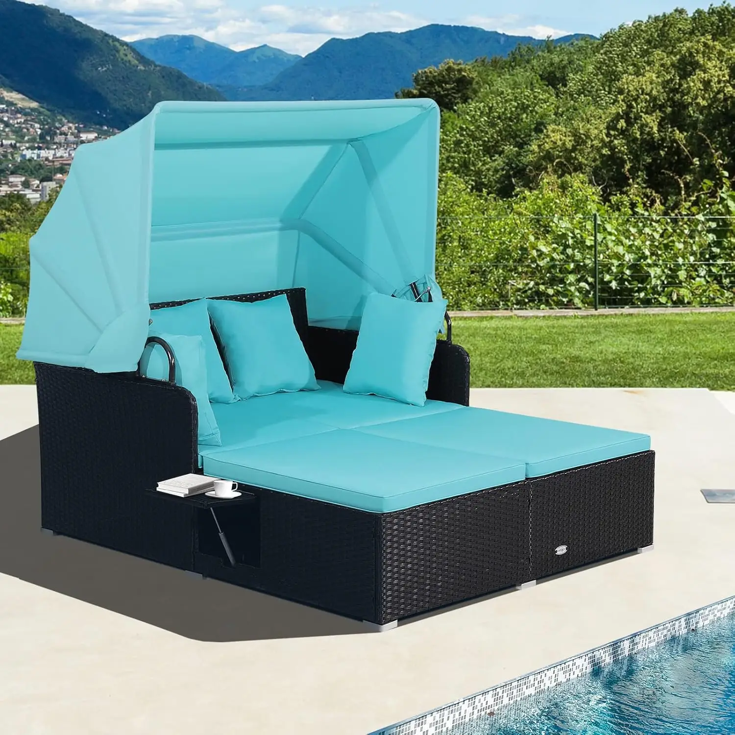 Patio Rattan Daybed with Retractable Canopy, Patiojoy Wicker Sun Lounger with 2 Foldable Side Panels, - Image 8