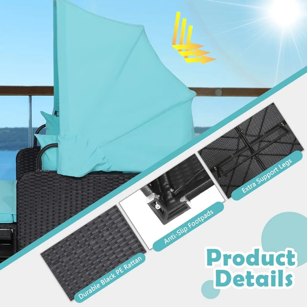 Patio Rattan Daybed with Retractable Canopy, Patiojoy Wicker Sun Lounger with 2 Foldable Side Panels, - Image 6