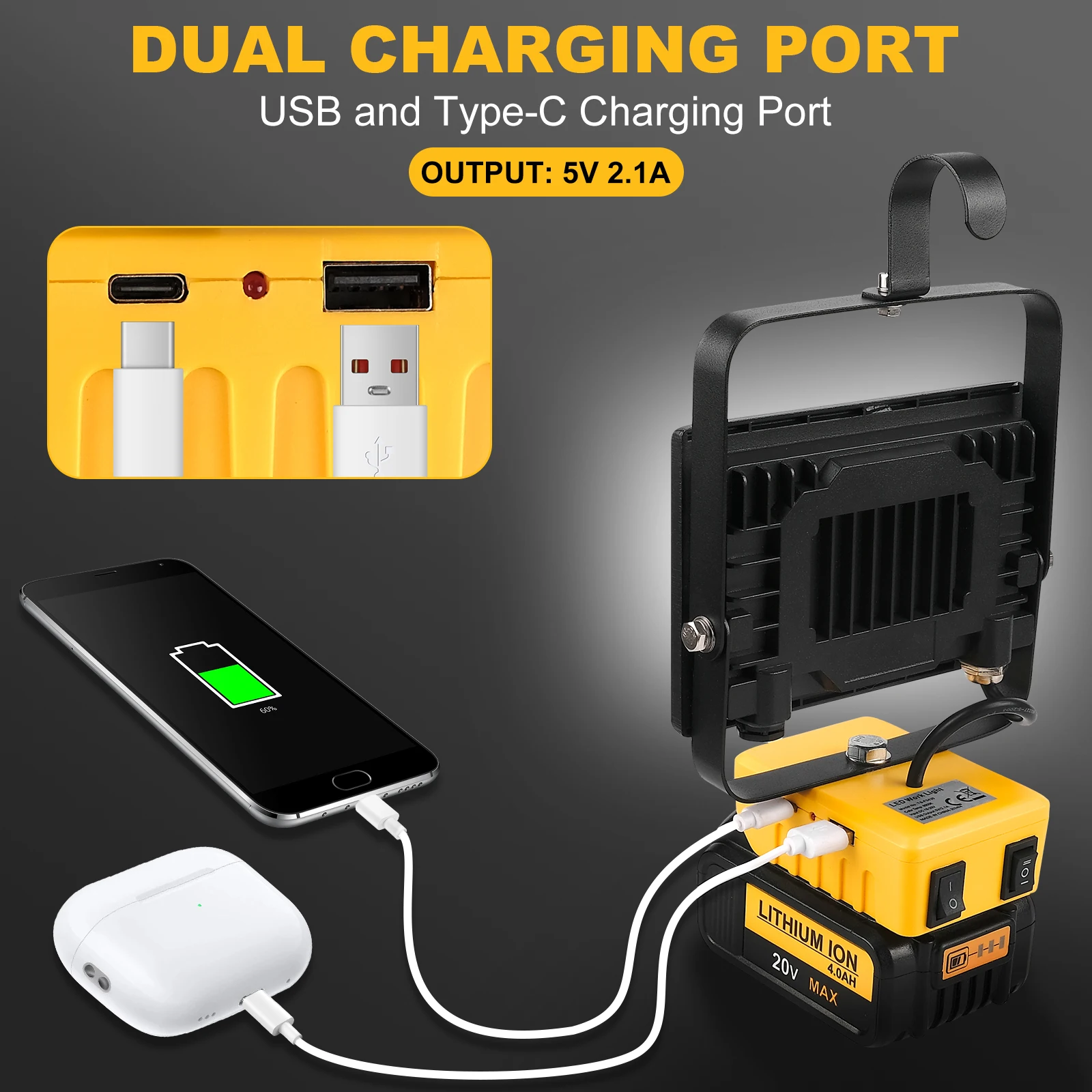 Portable 60W LED Work Light With Hook Handheld Emergency Tool Camping Light 6000LM 60LED Rechargeable LED Flood Light for DeWalt - Image 6