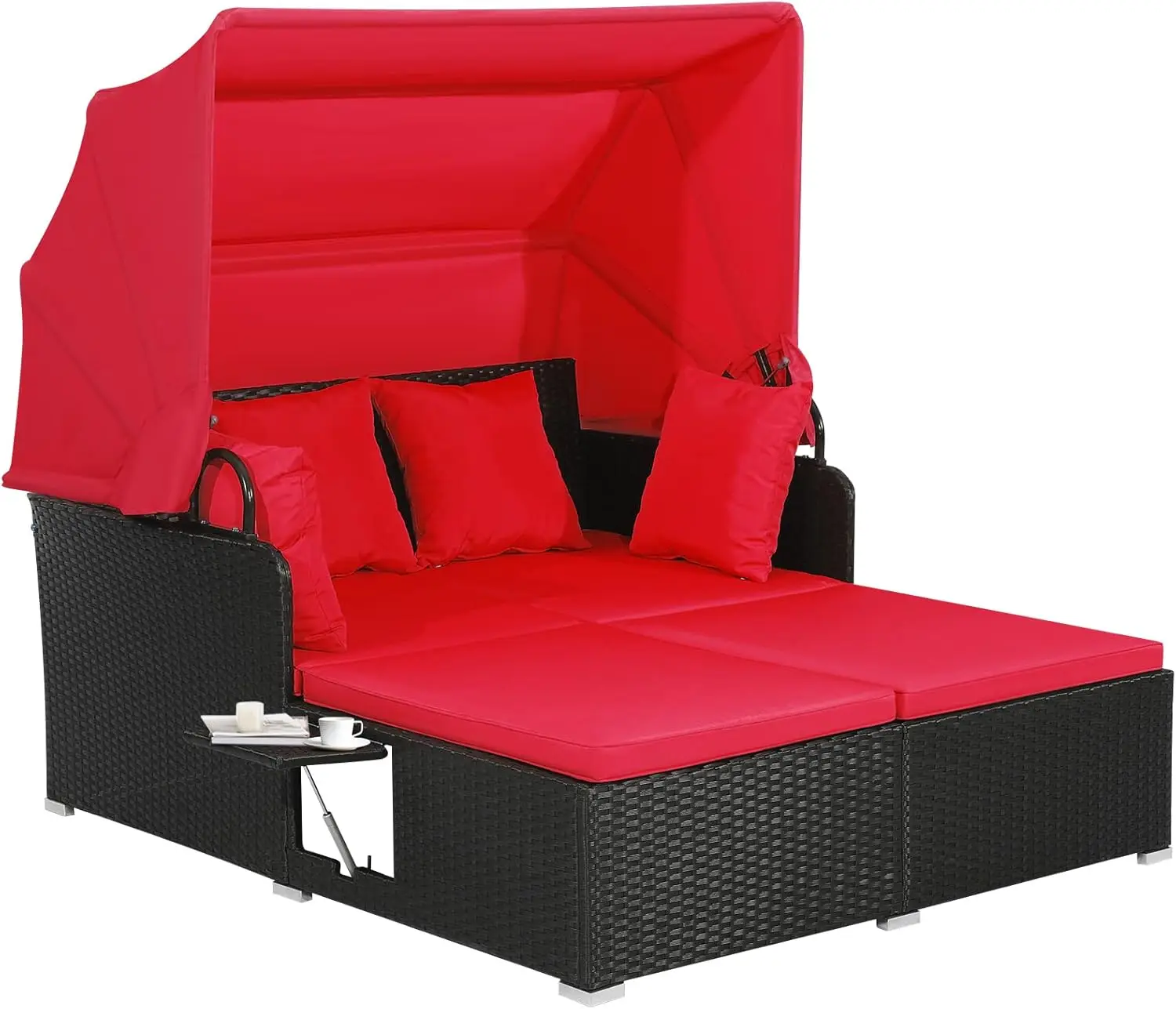 Patio Rattan Daybed with Retractable Canopy, Patiojoy Wicker Sun Lounger with 2 Foldable Side Panels, - Image 9